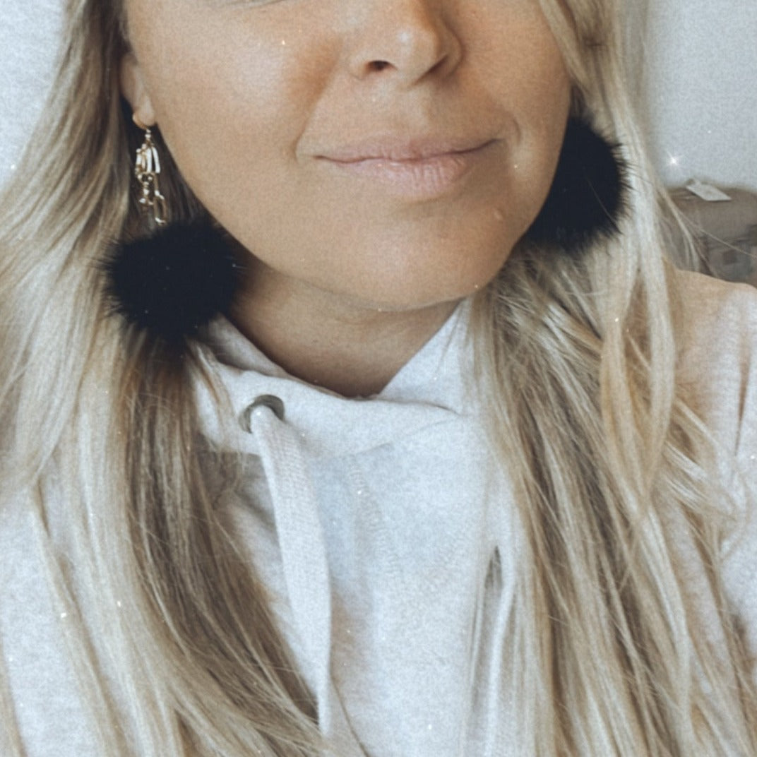 Mink Fur Pom Pom Earrings: Onyx