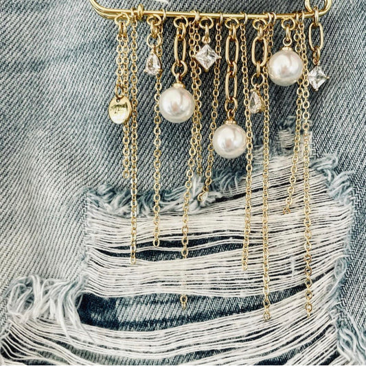 Denim + Diamonds Pearl Charm & Chain Pin Brooch