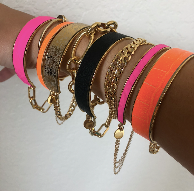 Bijoux Leather & Chain Cuff Bracelet : Neon Orange (1/4")