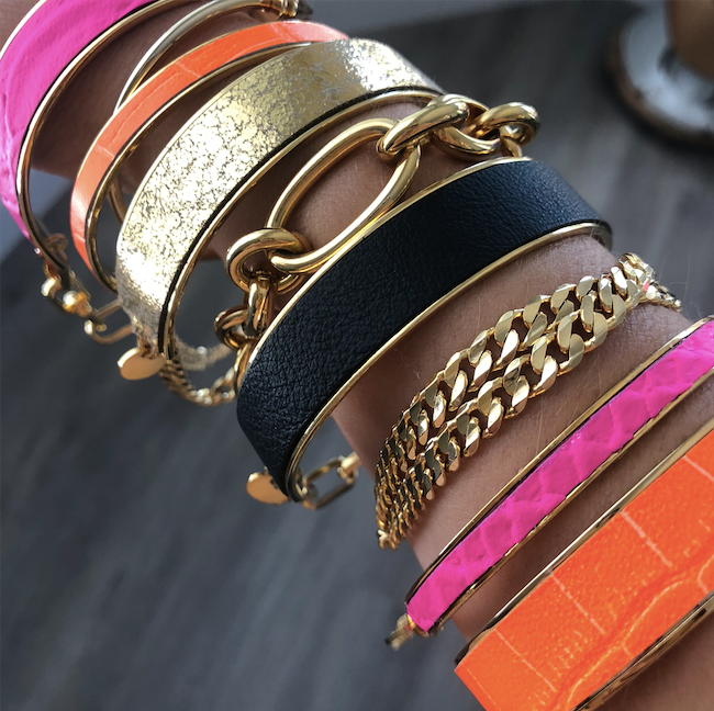 Bijoux Leather & Chain Cuff Bracelet : Neon Pink (1/2")