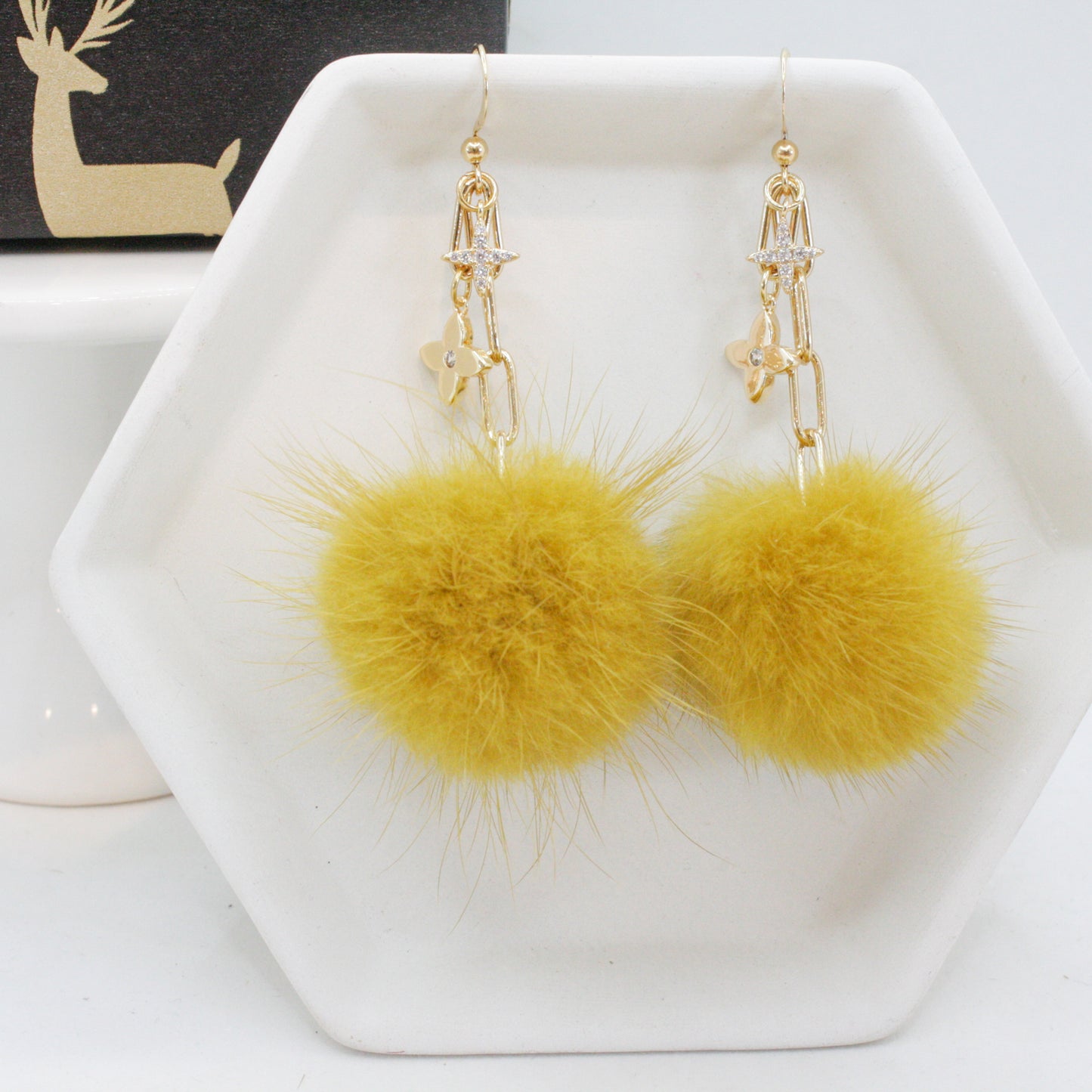 Mink Fur Pom Pom Earrings: Saffron