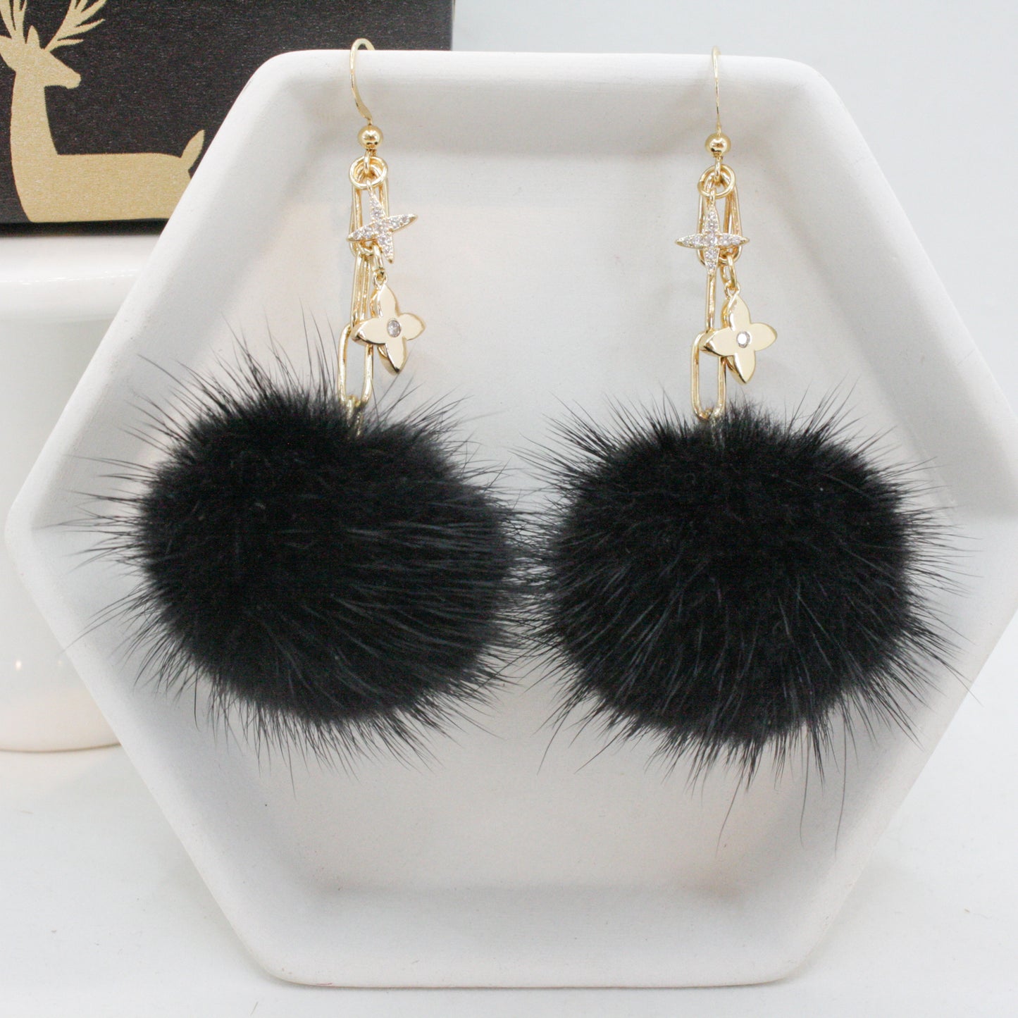 Mink Fur Pom Pom Earrings: Onyx