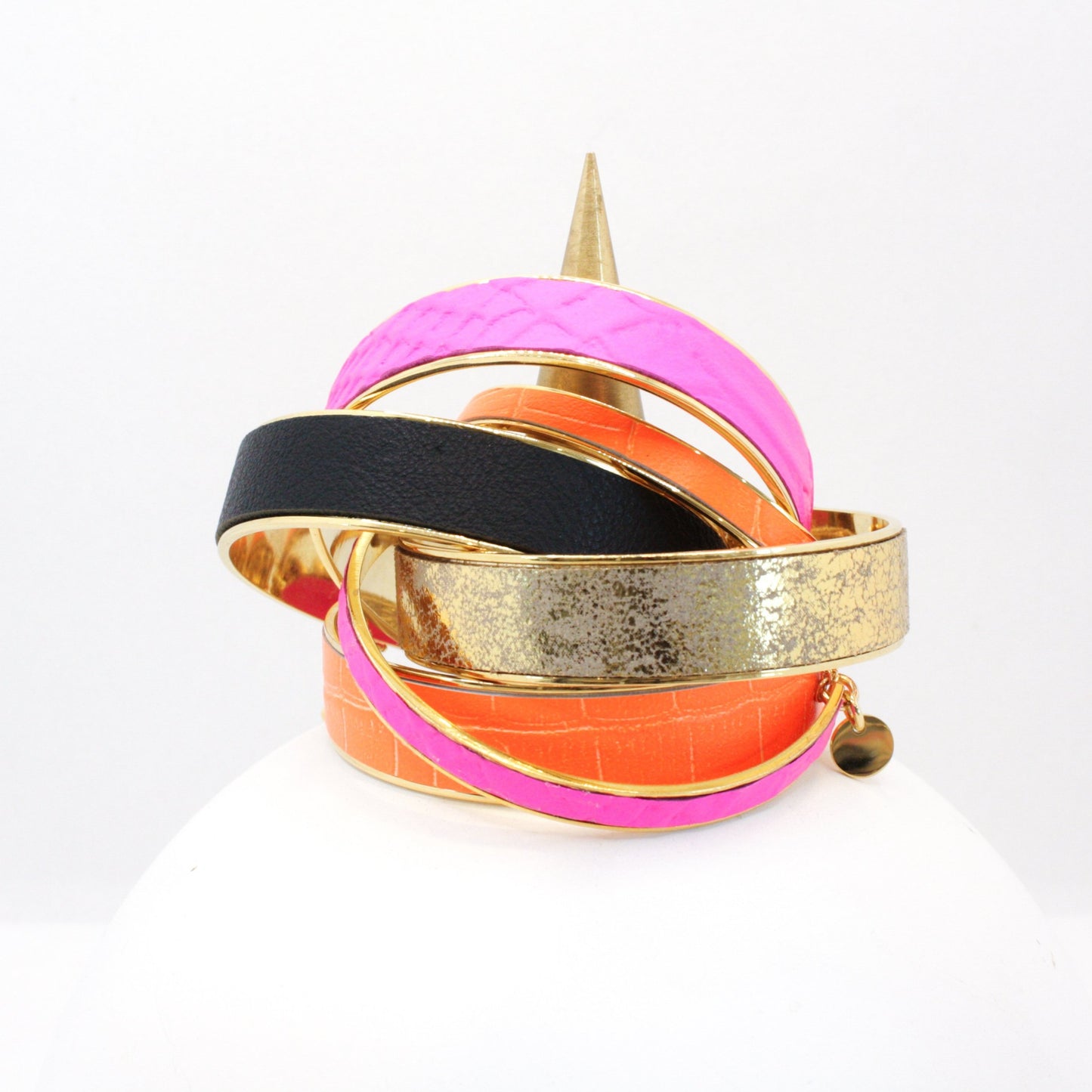 Bijoux Leather & Chain Cuff Bracelet : Neon Pink (1/2")